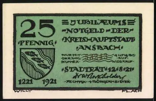 Notgeld Ansbach 1921, 25 Pfennig, Jubiläums-Notgeld mit Reiter und Wappen der Stadt