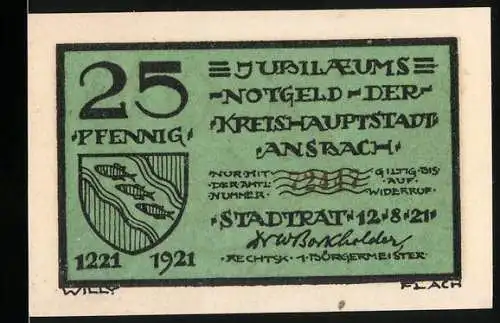 Notgeld Ansbach 1921, 25 Pfennig, Jubiläums-Notgeld der Kreishauptstadt Ansbach mit Motiv von 1531 auf Rückseite