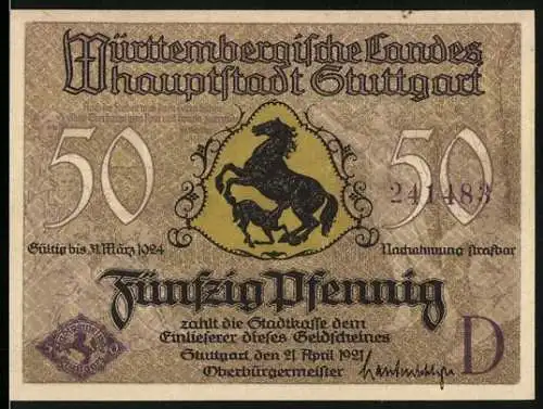 Notgeld Stuttgart 1921, 50 Pfennig, Württembergische Landes Hauptstadt Stuttgart mit Brücke und Gebäuden