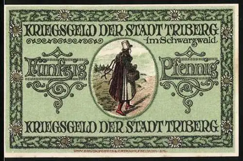 Notgeld Triberg im Schwarzwald, 1918, 50 Pfennig, Kriegsgeld der Stadt Triberg mit Stadtwappen und Trachtenfigur