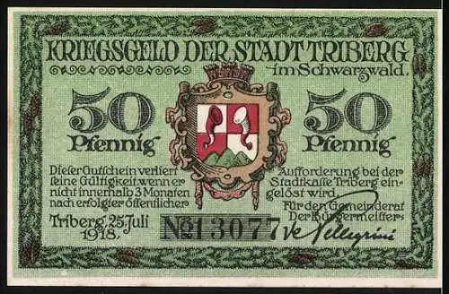 Notgeld Triberg im Schwarzwald, 1918, 50 Pfennig, Kriegsgeld der Stadt Triberg mit Stadtwappen und Trachtenfigur