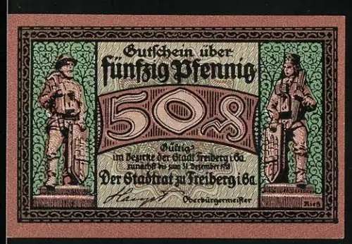 Notgeld Freiberg, 1921, 50 Pfennig, Soldaten mit Schilden und Arbeiter mit Karren voller Brotlaibe