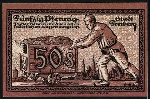 Notgeld Freiberg, 1921, 50 Pfennig, Soldaten mit Schilden und Arbeiter mit Karren voller Brotlaibe