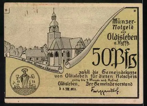 Notgeld Oldisleben 1921, 50 Pfennig, Münzer-Notgeld mit Darstellung der Kirche und Karl Naumburg Druck