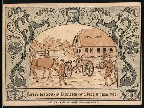 Notgeld Oldisleben, 1921, 50 Pfennig, Bauern durchziehen Oldisleben auf dem Wege nach Beichlingen, Kirche und Landschaft