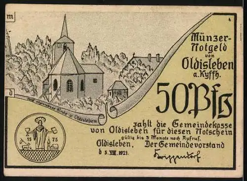 Notgeld Oldisleben, 1921, 50 Pfennig, Bauern durchziehen Oldisleben auf dem Wege nach Beichlingen, Kirche und Landschaft