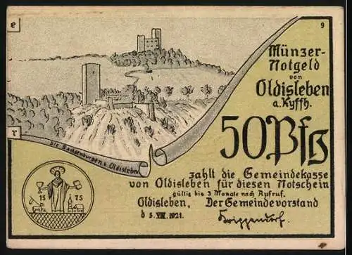 Notgeld Oldisleben, 1921, 50 Pfennig, Münzernotgeld mit Landschaft und Stadtwappen