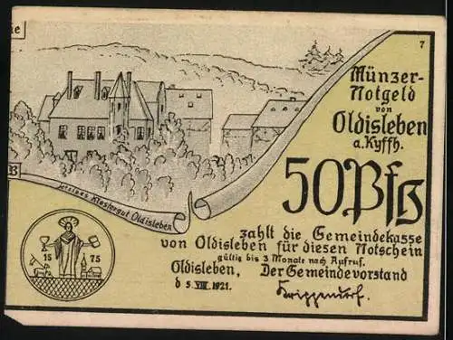 Notgeld Oldisleben 1921, 50 Pfennig, Thomas Münzers Gefangennahme, Druck: Karl Naumburg, Klosteransicht