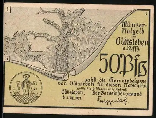 Notgeld Oldisleben 1921, 50 Pfennig, Baum und Bauern fliehen in Stadt Frankenhausen