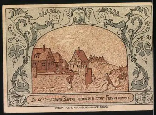 Notgeld Oldisleben 1921, 50 Pfennig, Baum und Bauern fliehen in Stadt Frankenhausen