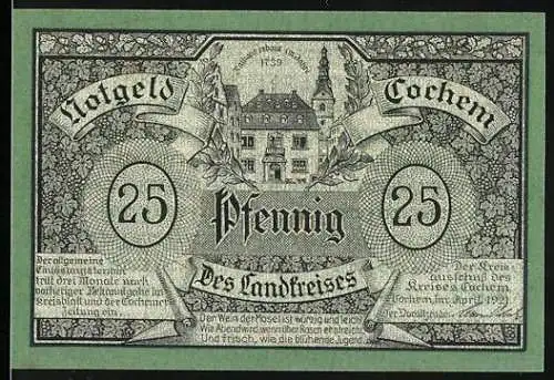 Notgeld Cochem 1921, 25 Pfennig, Des Landkreises, Burg und Weinberge, Seriennummer 324106