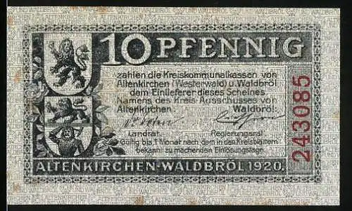 Notgeld Altenkirchen-Waldbröl 1920, 10 Pfennig, Landwirtschaftsszene und Wappen, Seriennummer 243085