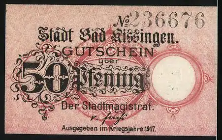 Notgeld Bad Kissingen, 1917, 50 Pfennig, Stadtansicht und Verzierungen