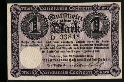 Notgeld Cochem, 1918, 1 Mark, Burg Cochem und Ziermuster