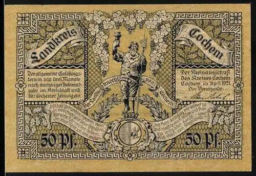 Notgeld Cochem 1920, 50 Pfennig, Wächter mit Hellebarde, Panorama an der Mosel