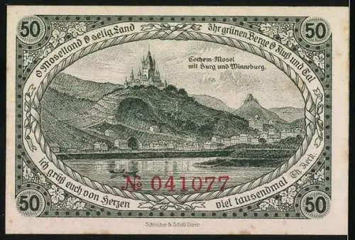 Notgeld Cochem 1920, 50 Pfennig, Wächter mit Hellebarde, Panorama an der Mosel