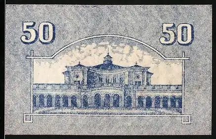 Notgeld Bad Kissingen, 1917, 50 Pfennig, Gutschein mit Gebäudeabbildung