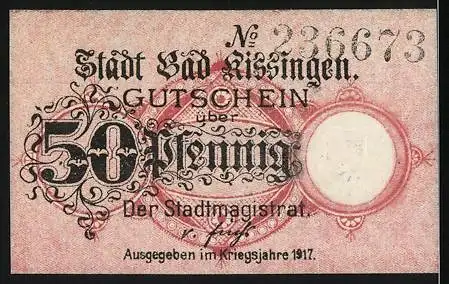 Notgeld Bad Kissingen, 1917, 50 Pfennig, Gutschein mit Gebäudeabbildung