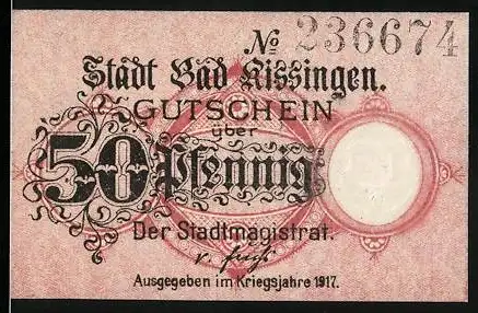 Notgeld Bad Kissingen, 1917, 50 Pfennig, Gutschein Stadt Bad Kissingen, Gebäudemotiv auf Rückseite