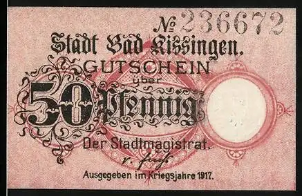 Notgeld Bad Kissingen, 1917, 50 Pfennig, Stadtmagistrat Gutschein mit Gebäudeabbildung auf Rückseite