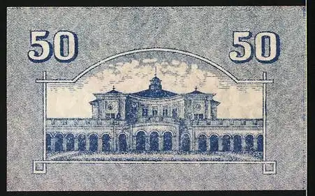 Notgeld Bad Kissingen, 1917, 50 Pfennig, Stadtmagistrat Gutschein mit Gebäudeabbildung auf Rückseite