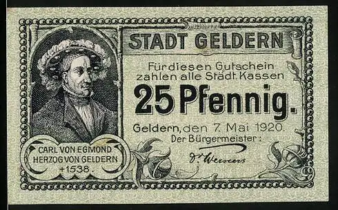 Notgeld Geldern, 1920, 25 Pfennig, Carl von Egmond Herzog von Geldern, Seriennummer 203690