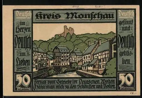 Notgeld Monschau 1921, 50 Pfennig, Ansicht von Monschau und Wappen mit Mönch