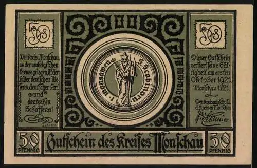 Notgeld Monschau 1921, 50 Pfennig, Ansicht von Monschau und Wappen mit Mönch