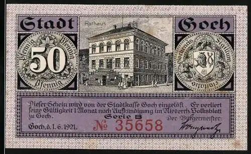 Notgeld Goch, 1921, 50 Pfennig, Rathaus und Stadtansichten, Serie B, Nr. 35658