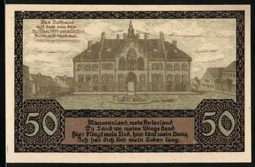Notgeld Johannisburg 1920, 50 Pfennig, Stadthaus und Wappen, Text zur Abstimmung am 11. Juli 1920