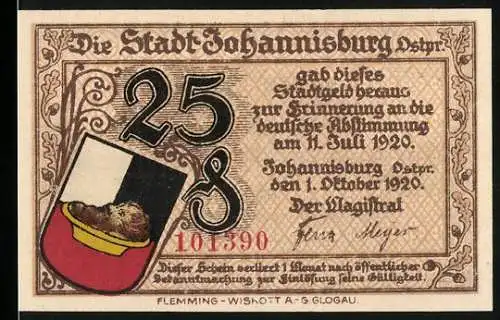 Notgeld Johannisburg 1920, 25 Pfennig, Stadtwappen und Gebäudeillustration