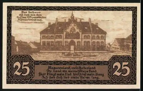 Notgeld Johannisburg 1920, 25 Pfennig, Stadtwappen und Gebäudeillustration