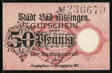 Notgeld Bad Kissingen 1917, 50 Pfennig, Gutschein der Stadt Bad Kissingen, Seriennummer 236670, Gebäudeabbildung