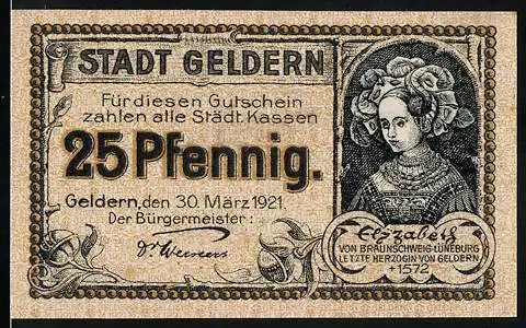 Notgeld Geldern, 1921, 25 Pfennig, Stadtwappen und Elisabeth von Braunschweig-Lüneburg, gelaufen mit Seriennummer 48108