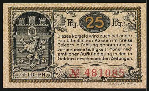 Notgeld Geldern, 1921, 25 Pfennig, Stadtwappen und Elisabeth von Braunschweig-Lüneburg, gelaufen mit Seriennummer 48108