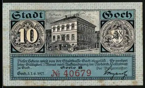 Notgeld Goch 1921, 10 Pfennig, Abbildung Rathaus, Stadtwappen, Haus Zu den Fünf Ringen und Steintor