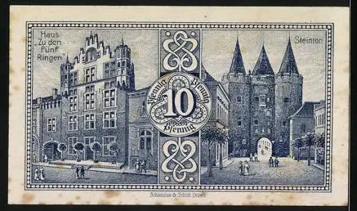 Notgeld Goch 1921, 10 Pfennig, Abbildung Rathaus, Stadtwappen, Haus Zu den Fünf Ringen und Steintor