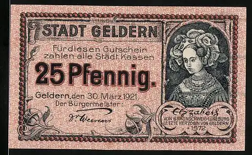 Notgeld Geldern 1921, 25 Pfennig, Stadt Geldern Gutschein mit Porträt von Elisabeth