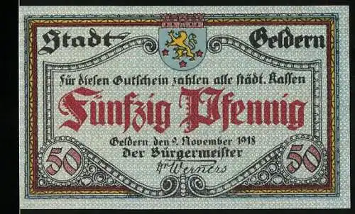 Notgeld Geldern 1918, 50 Pfennig, Stadtwappen und Bürgermeisterunterschrift, Seriennummer 125928