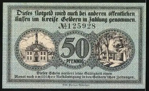 Notgeld Geldern 1918, 50 Pfennig, Stadtwappen und Bürgermeisterunterschrift, Seriennummer 125928