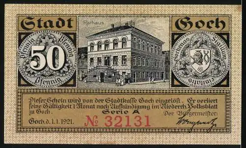 Notgeld Goch 1921, 50 Pfennig, Rathaus und Stadtansichten