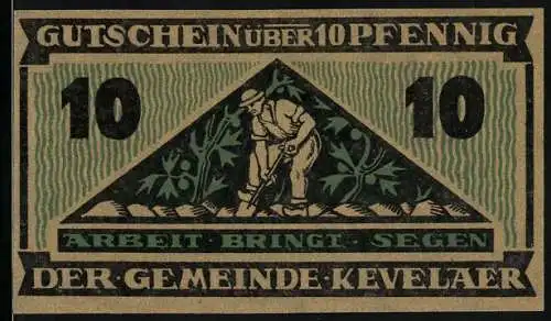 Notgeld Kevelaer, 1921, 10 Pfennig, Vorderseite mit Bauer, Rückseite mit Wappen