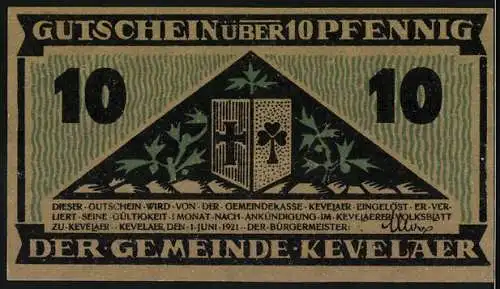 Notgeld Kevelaer, 1921, 10 Pfennig, Vorderseite mit Bauer, Rückseite mit Wappen