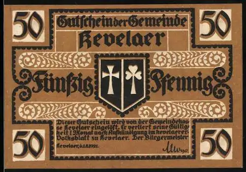 Notgeld Kevelaer 1921, 50 Pfennig, Gutschein der Gemeinde mit Wappen und religiöser Figur