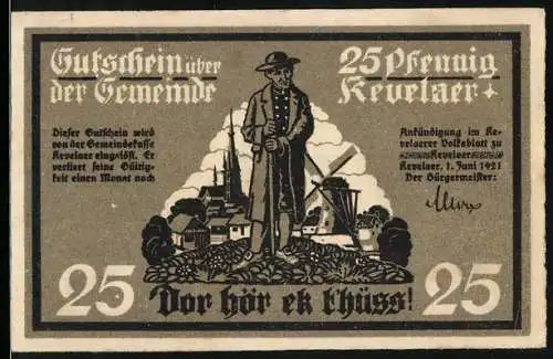 Notgeld Kevelaer, 1921, 25 Pfennig, Gemeinde mit Bauer und Wappen