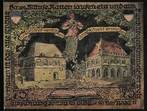 Notgeld Erkelenz 1921, 75 Pfennig, Stadtansicht mit historischen Gebäuden und Stadtwappen