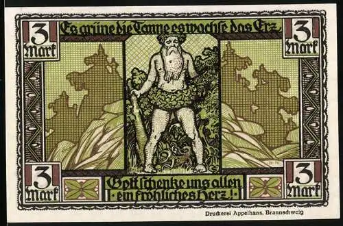 Notgeld Thale - Harz, 1921, 3 Mark, grüner Mann und Stadtwappen, Druckerei Appelhans Braunschweig