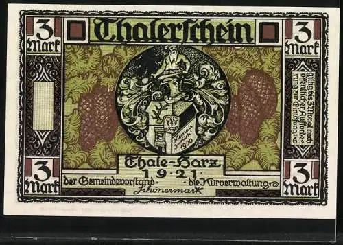 Notgeld Thale - Harz, 1921, 3 Mark, grüner Mann und Stadtwappen, Druckerei Appelhans Braunschweig