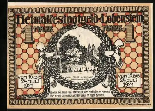 Notgeld Lobenstein 1921, 1 Mark, Heimatfestnotgeld mit Friedhofsmauer und Sprüchen