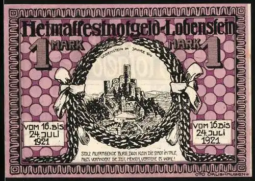 Notgeld Lobenstein 1921, 1 Mark, Heimatfestnotgeld mit Stadtansicht und Burgruine